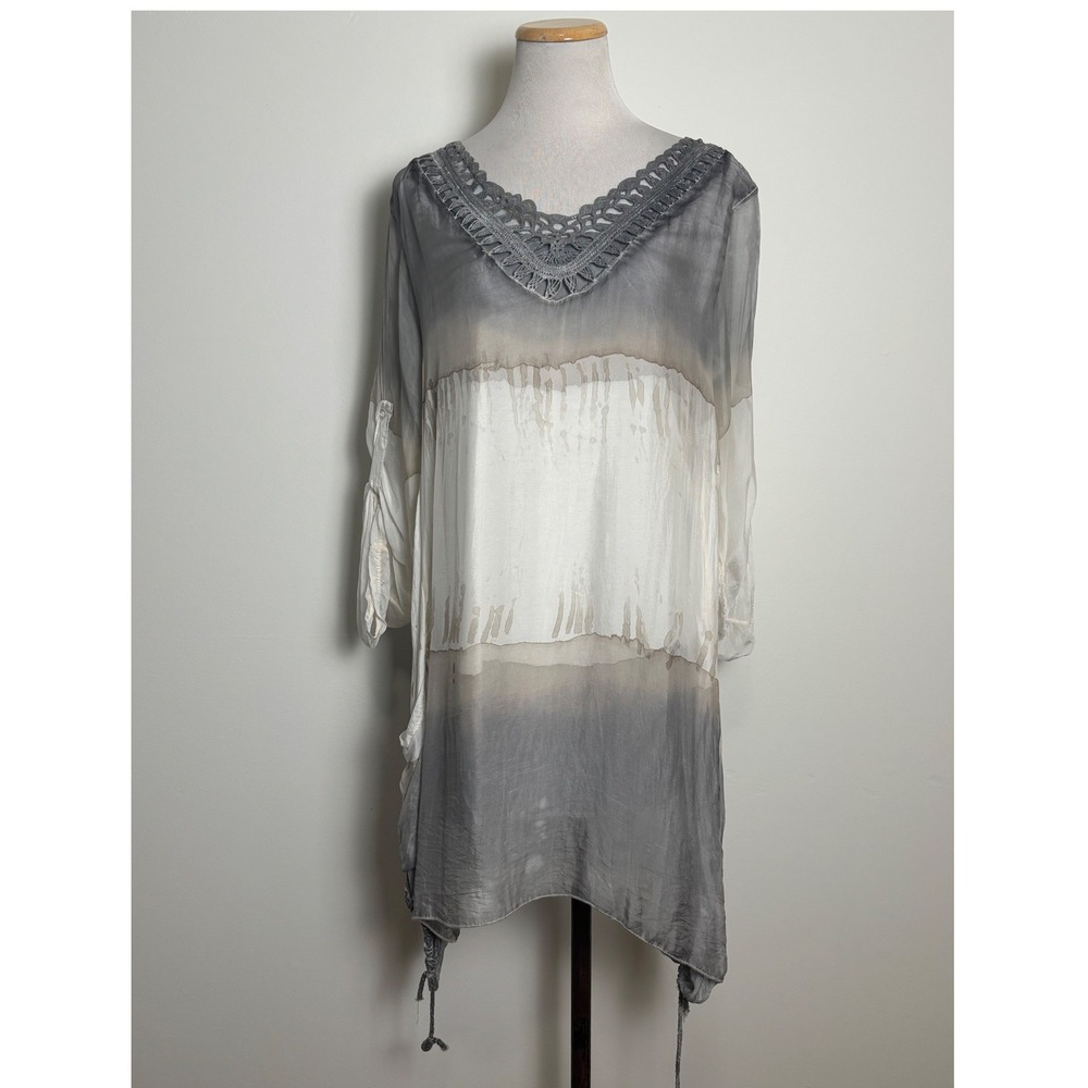 Made in Italy Silk Blend Ombre Crochet Lace Tunic Dress L Boho Fairy Grunge